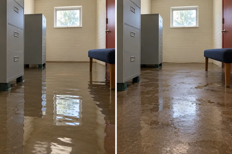 Water Extraction Near City Park — standing water before pickup and damp floor after