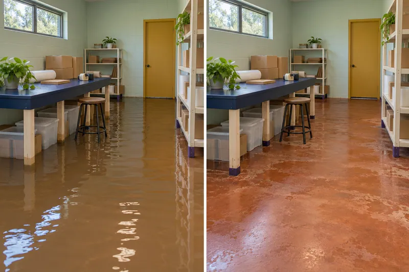 Water Extraction Near South Park — standing water before pickup and damp floor after