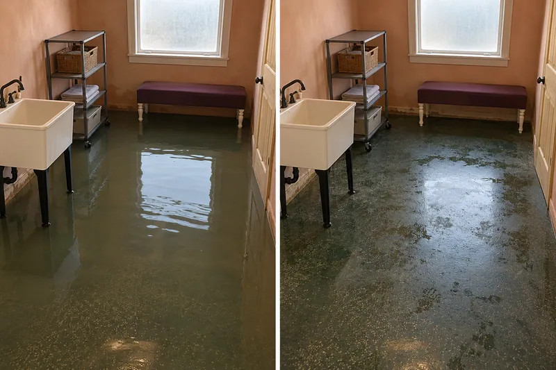 Water Extraction Near Ogletree Gap Park — standing water before pickup and damp floor after