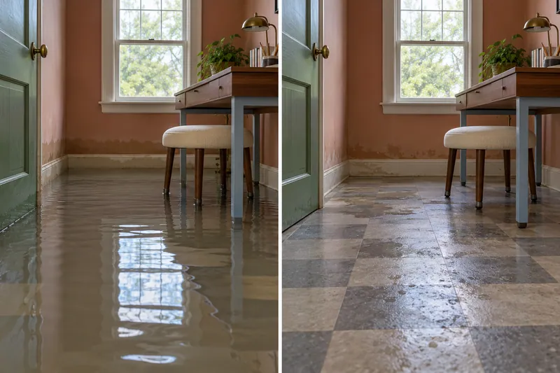 Water Extraction Near High Chaparral Park — standing water before pickup and damp floor after