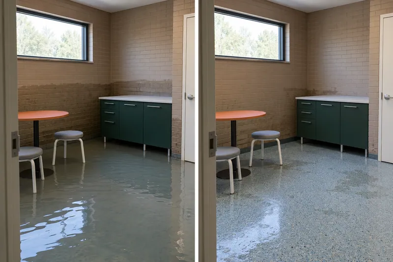 Water Extraction Near Kate St Park — standing water before pickup and damp floor after