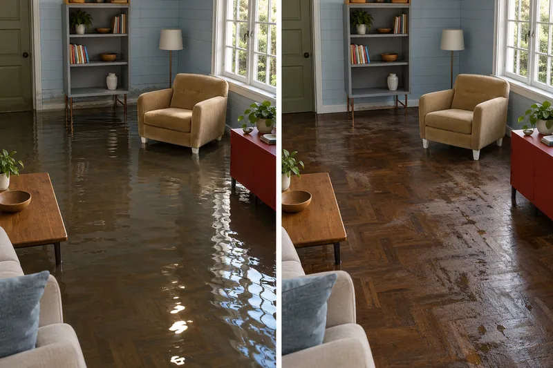 Water Extraction Near Heritage Park — standing water before pickup and damp floor after